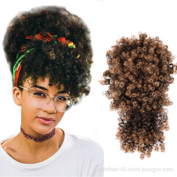 Wholesale Short Brown Afro Puff Hair Pieces Kinky Curly Drawstring Ponytail Chignon With Bangs Synthetic Hair Bun Extensions